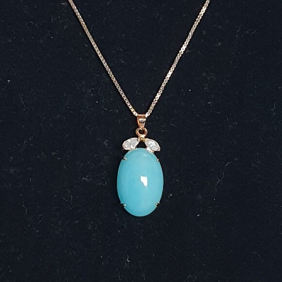 18K Gold Plated Amazonite Cabochon White Crystal Pendant 925 Silver Necklace - Picture 8 of 11